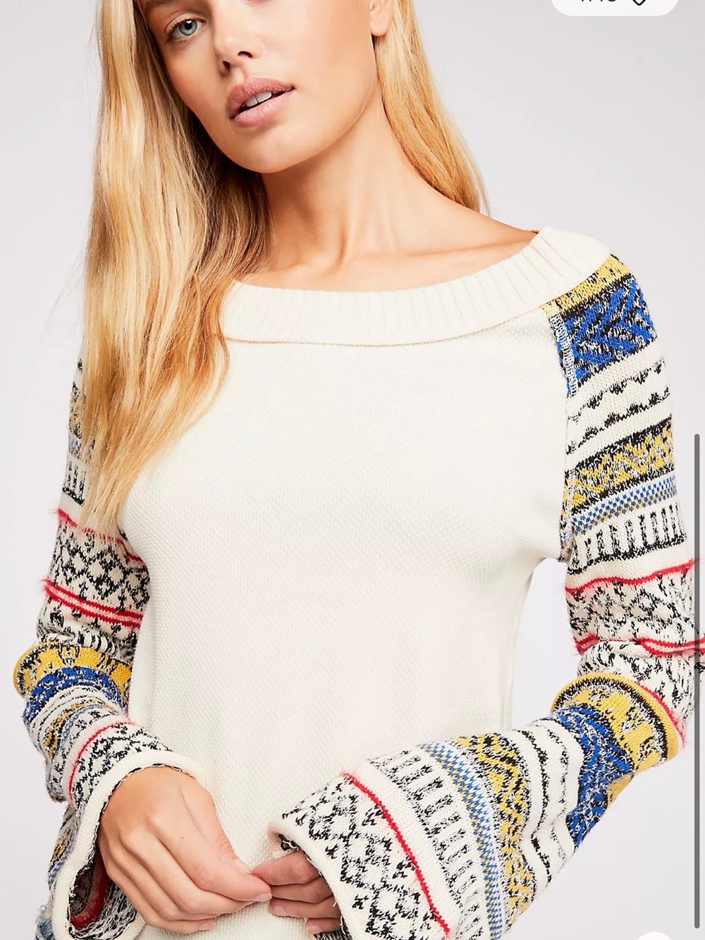 Free People Fairground Thermal Cream Patterned Bell Sleeve Sweater Top